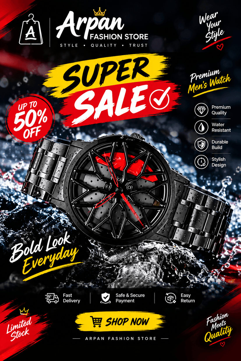 Man car watch with spinning car Rim Hub design | analog stainless steel | ✅. ₹3731 - Image 1