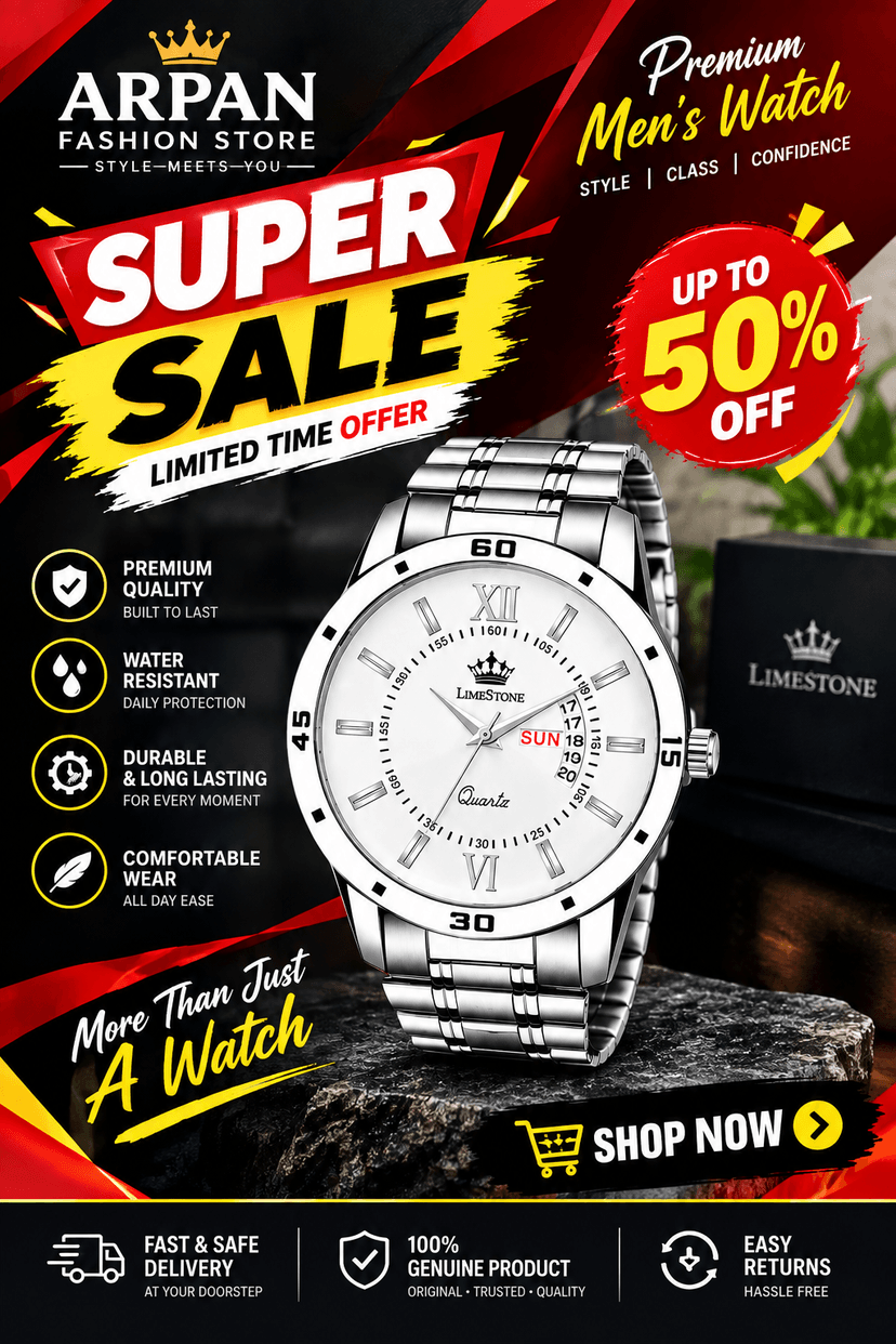 LIMESTONE Day and date function steel strap Quartz Analog watch - for Man ♂️ - Image 1