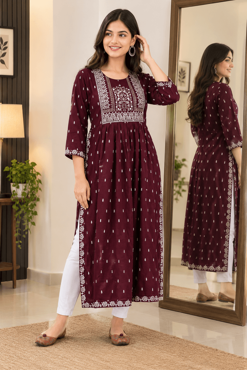 Maroon printed anarkali kurti - Image 1
